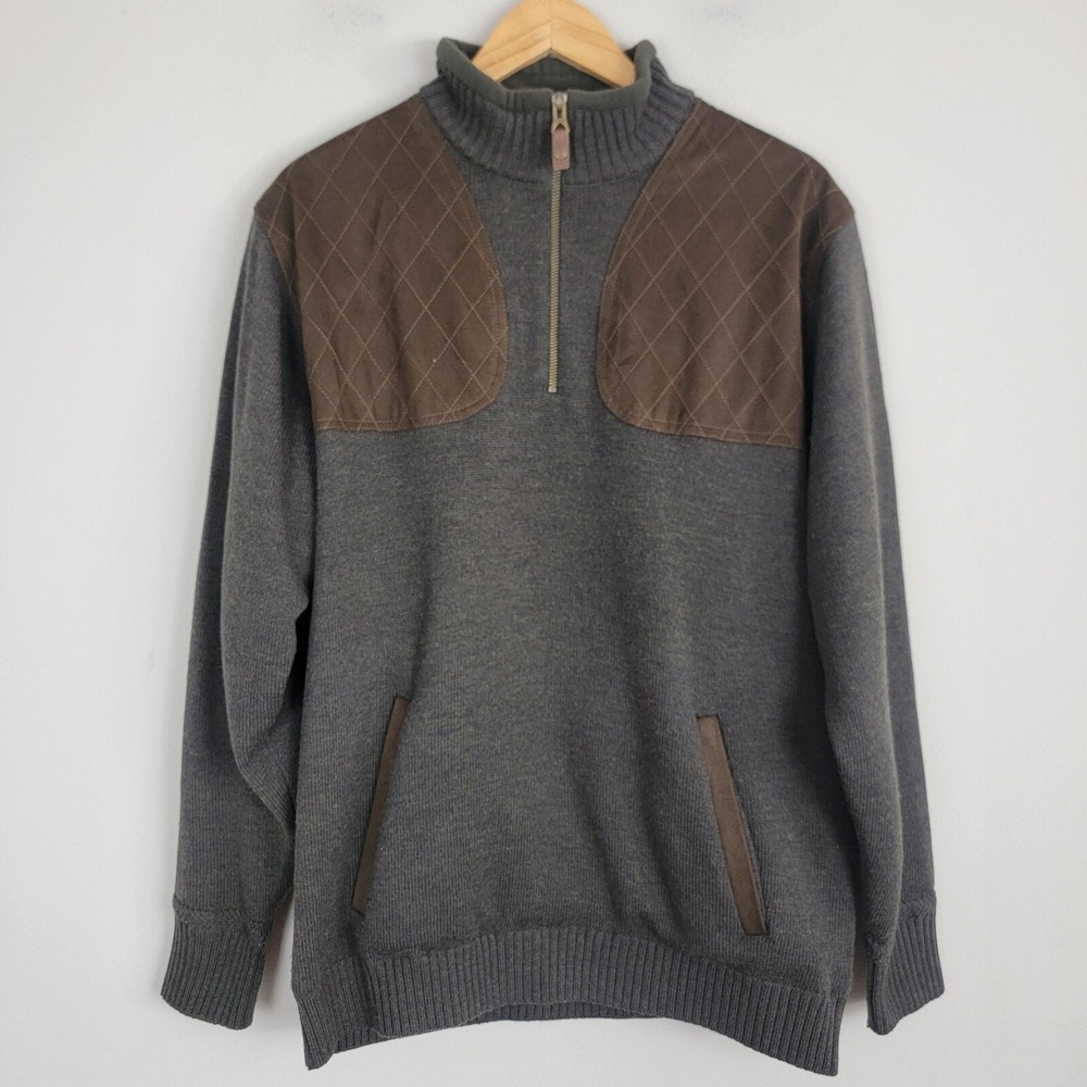 Orvis Sweater Mens M Gray Brown Wool Blend 1/4 Zip Henley‎ Hi Neck Pullover